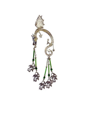 silver dragon ear wrap earrings with green beads fantasy jewelry dangling crystal chains asymmetrical set back view