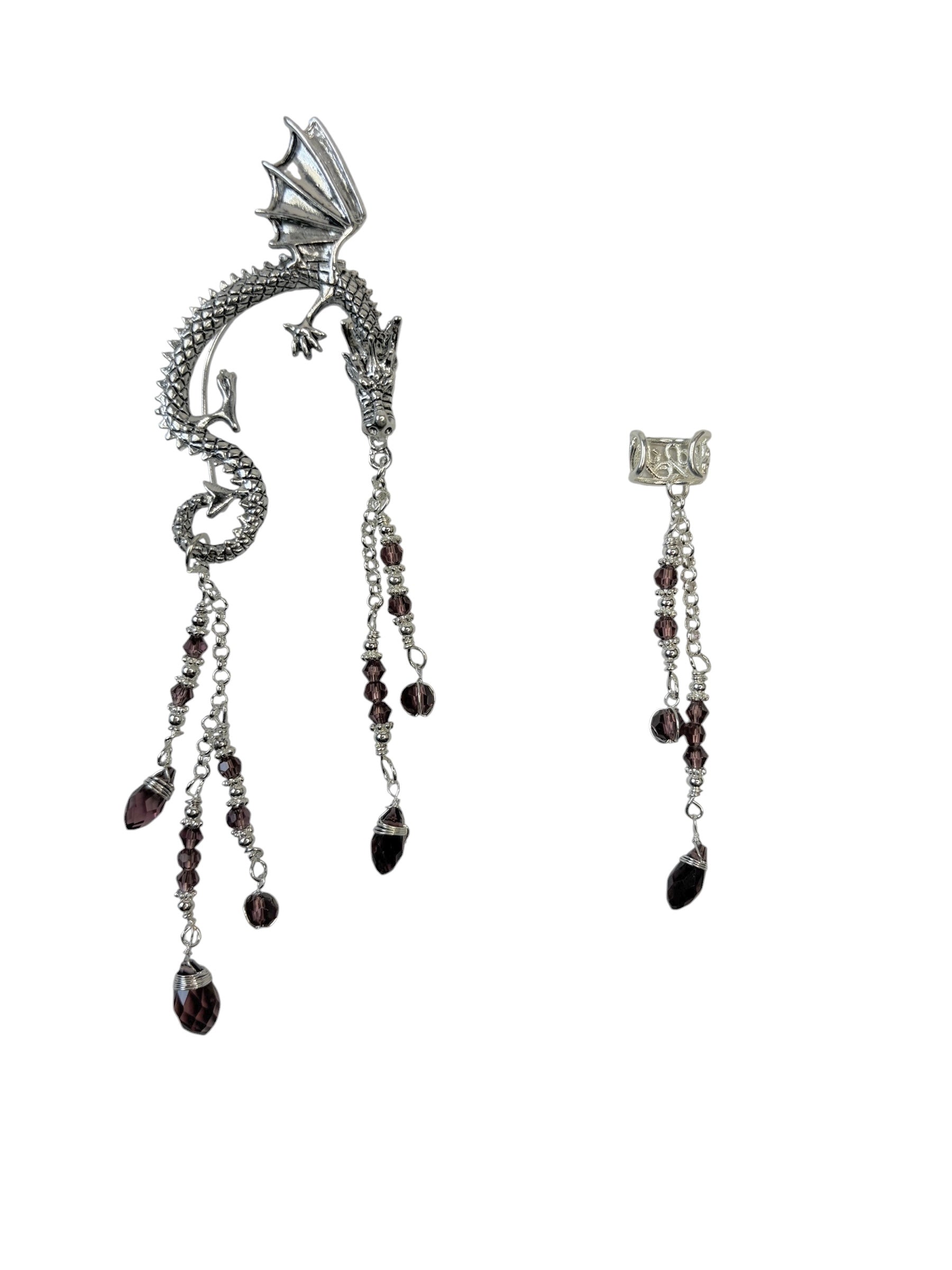 silver dragon ear wrap earrings fantasy jewelry dangling crystal chains asymmetrical set front view