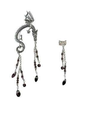 silver dragon ear wrap earrings fantasy jewelry dangling crystal chains asymmetrical set front view