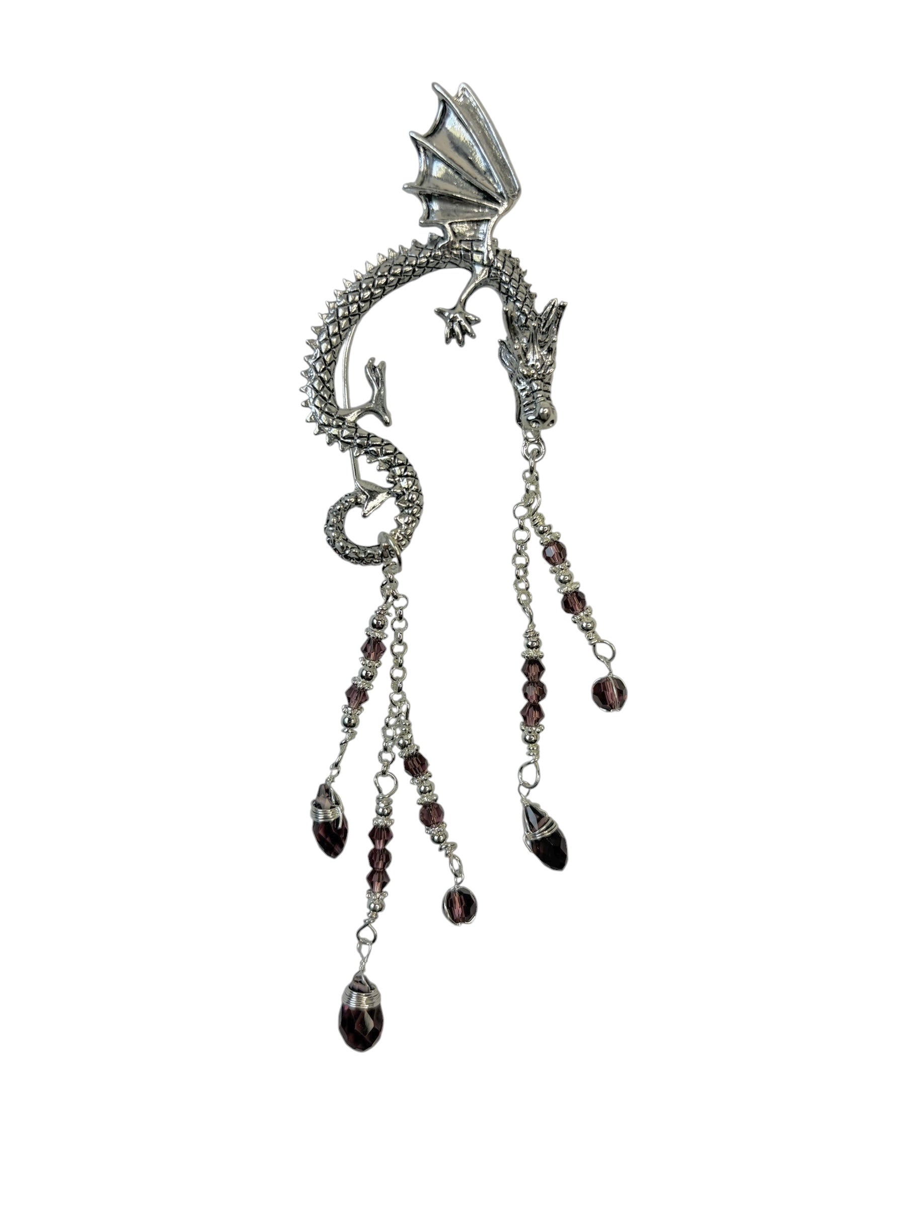 silver dragon ear wrap earrings fantasy jewelry dangling crystal chains asymmetrical set front view