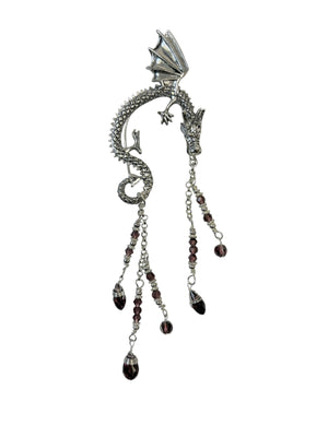 silver dragon ear wrap earrings fantasy jewelry dangling crystal chains asymmetrical set front view