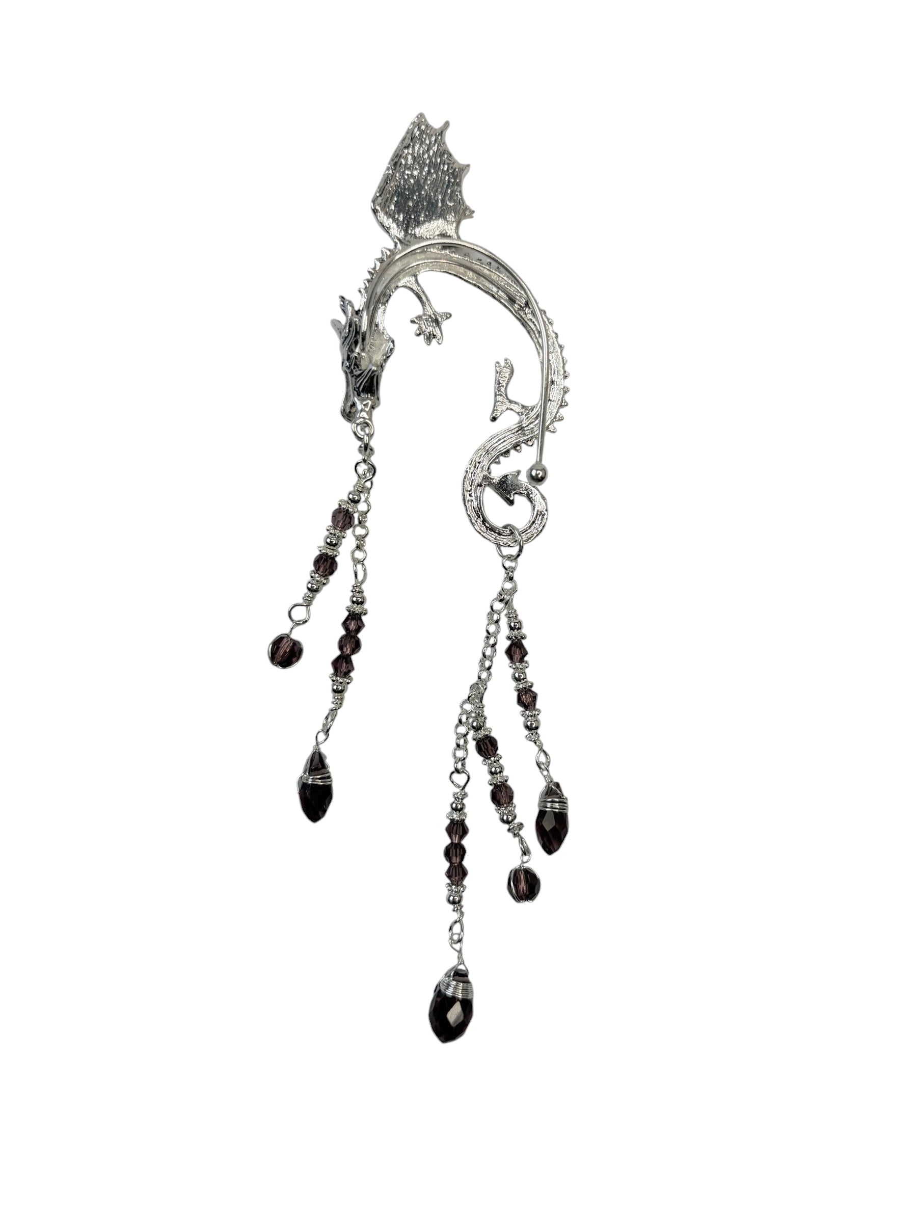 silver dragon ear wrap earrings fantasy jewelry dangling crystal chains asymmetrical set front view