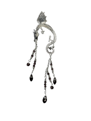 silver dragon ear wrap earrings fantasy jewelry dangling crystal chains asymmetrical set front view