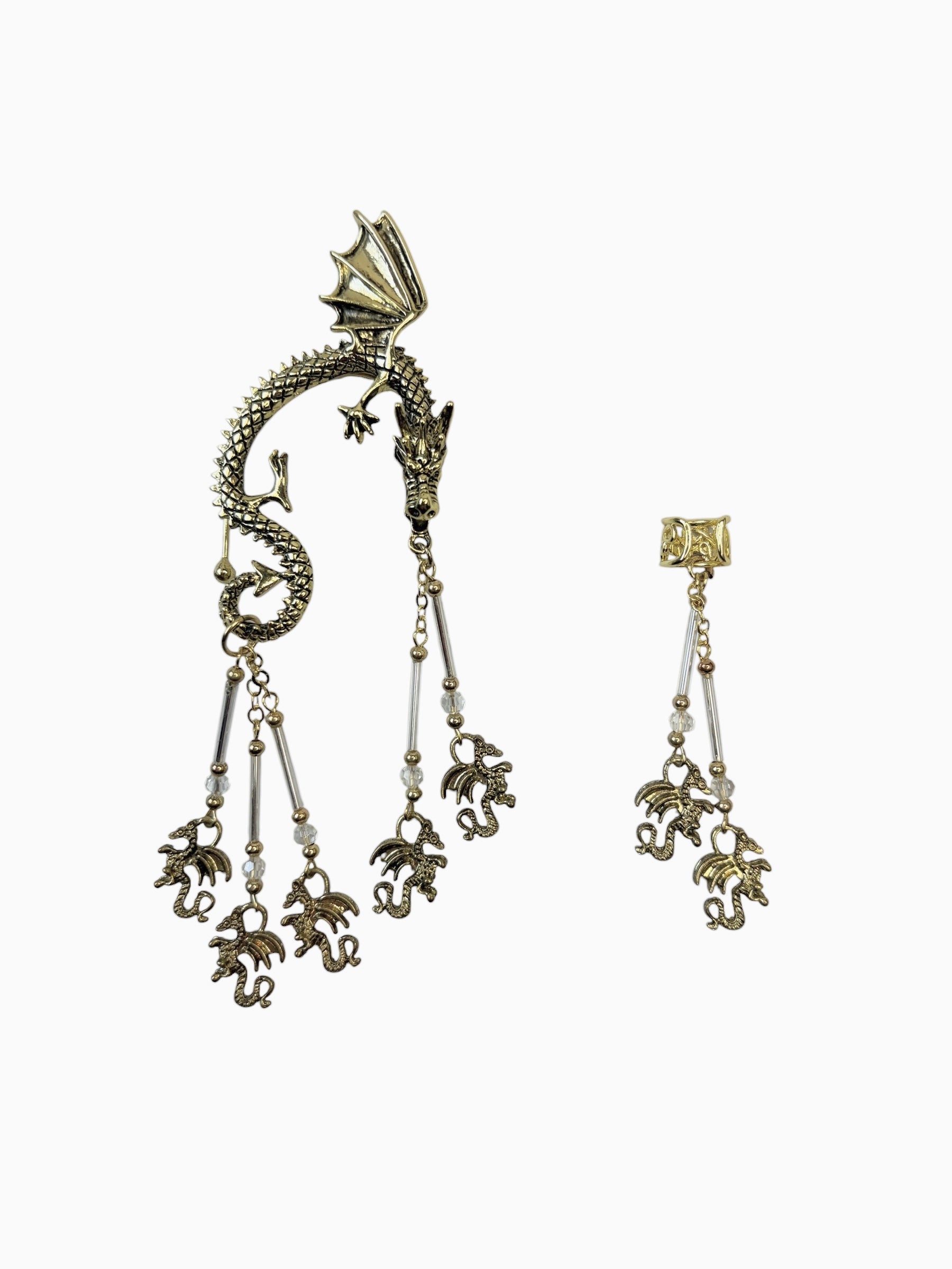gold dragon ear wrap earrings with clear beads fantasy jewelry dangling crystal chains asymmetrical set front view