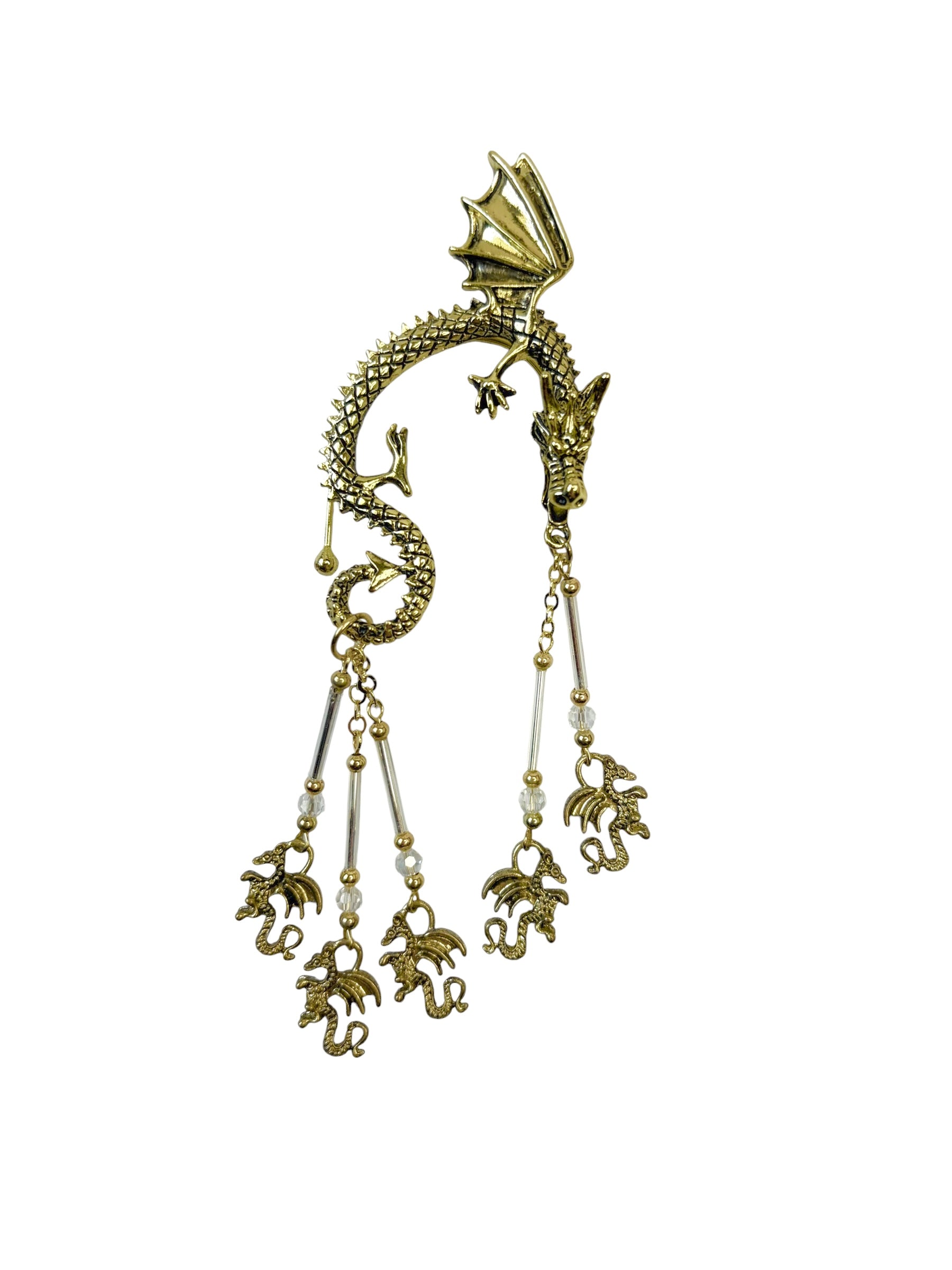 gold dragon ear wrap earrings with clear beads fantasy jewelry dangling crystal chains asymmetrical set front view