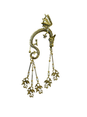 gold dragon ear wrap earrings with clear beads fantasy jewelry dangling crystal chains asymmetrical set front view