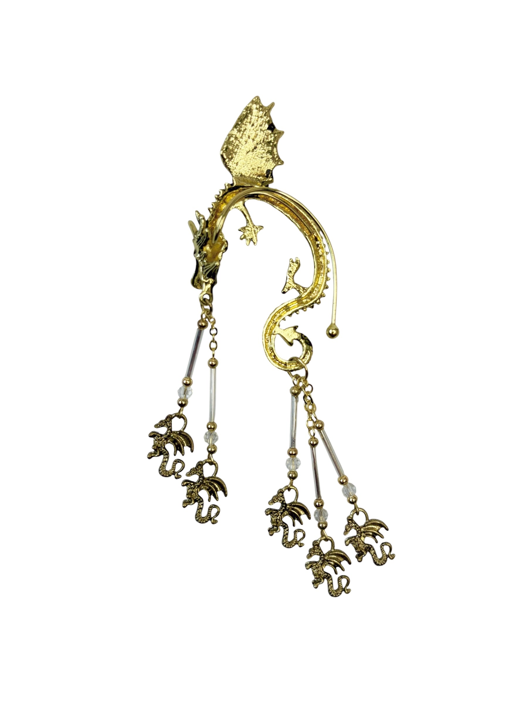 gold dragon ear wrap earrings with clear beads fantasy jewelry dangling crystal chains asymmetrical set back view