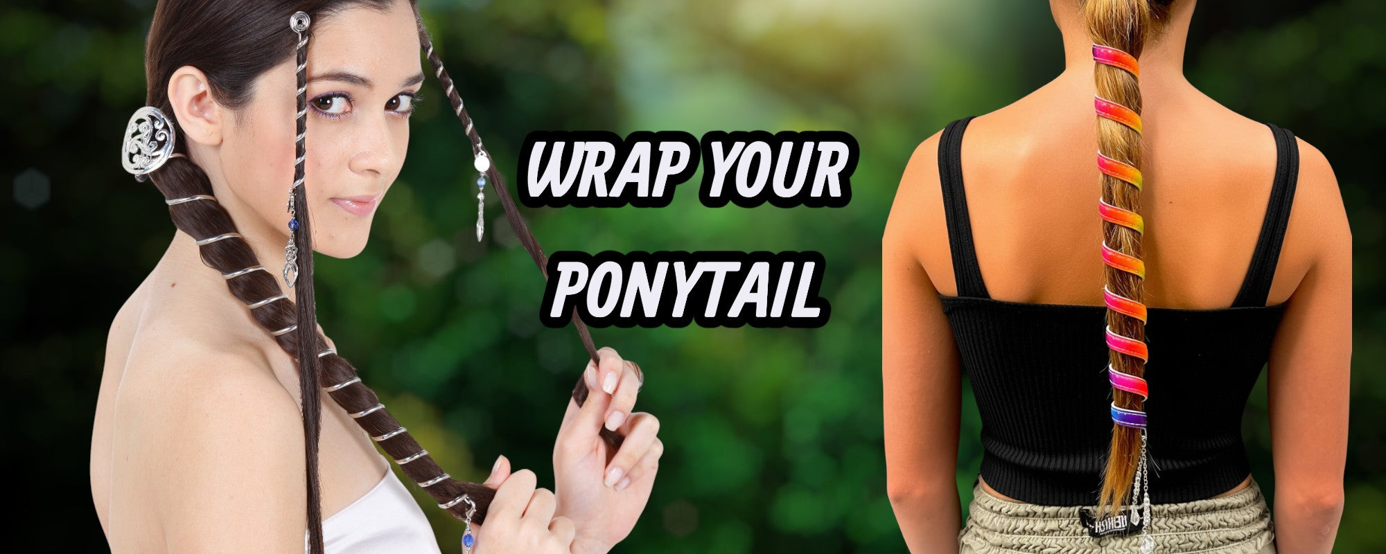 Ponytail wrap hair accessories worn by two women, featuring braided and colorful wrapped ponytails by Medieval Metal.