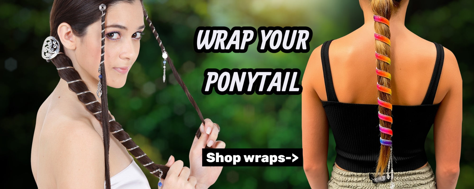 Ponytail wrap hair accessories worn by two women, featuring braided and colorful wrapped ponytails by Medieval Metal.