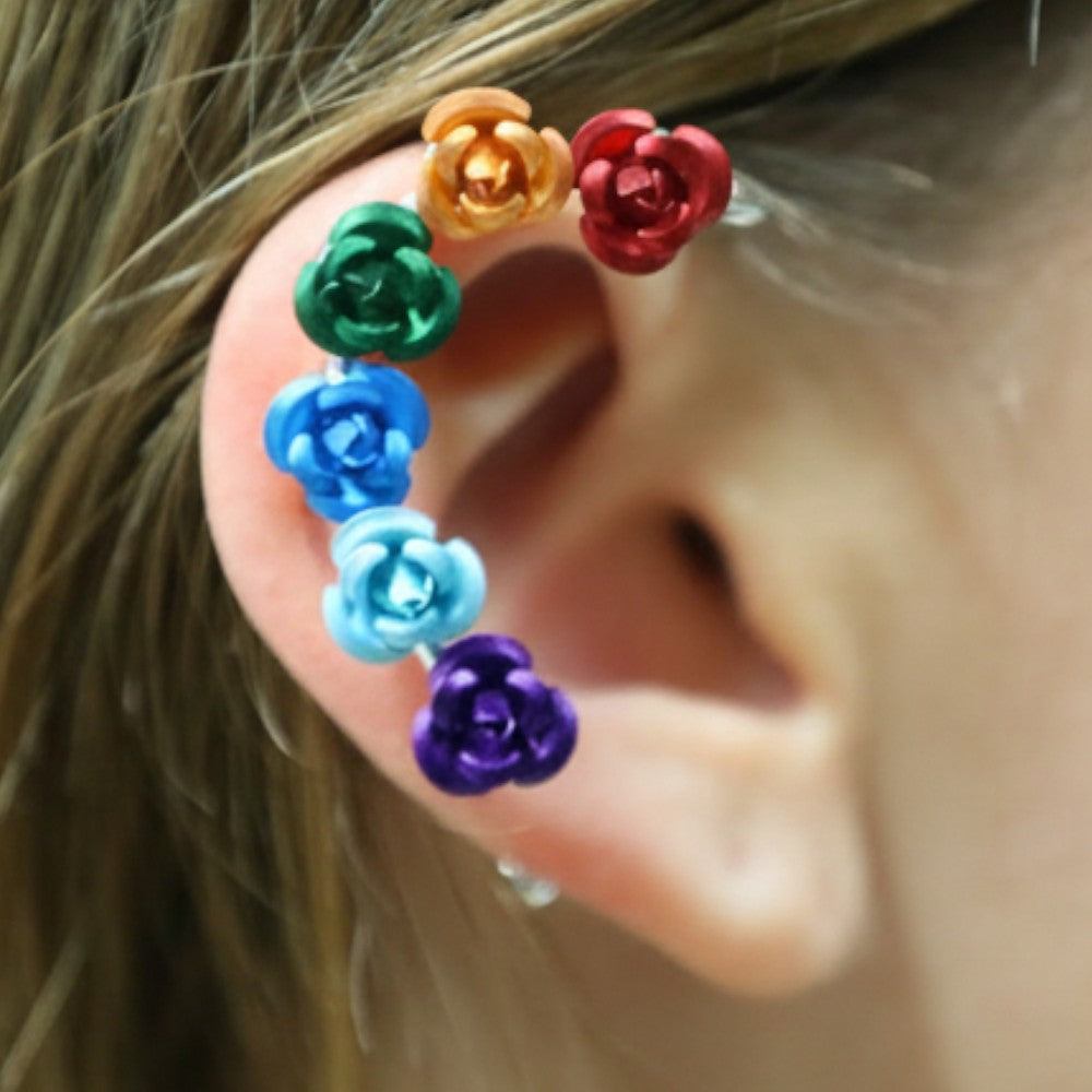 Rainbow elf ear cuff with multicolor rose beads worn along the ear, fantasy fairy ear jewelry.