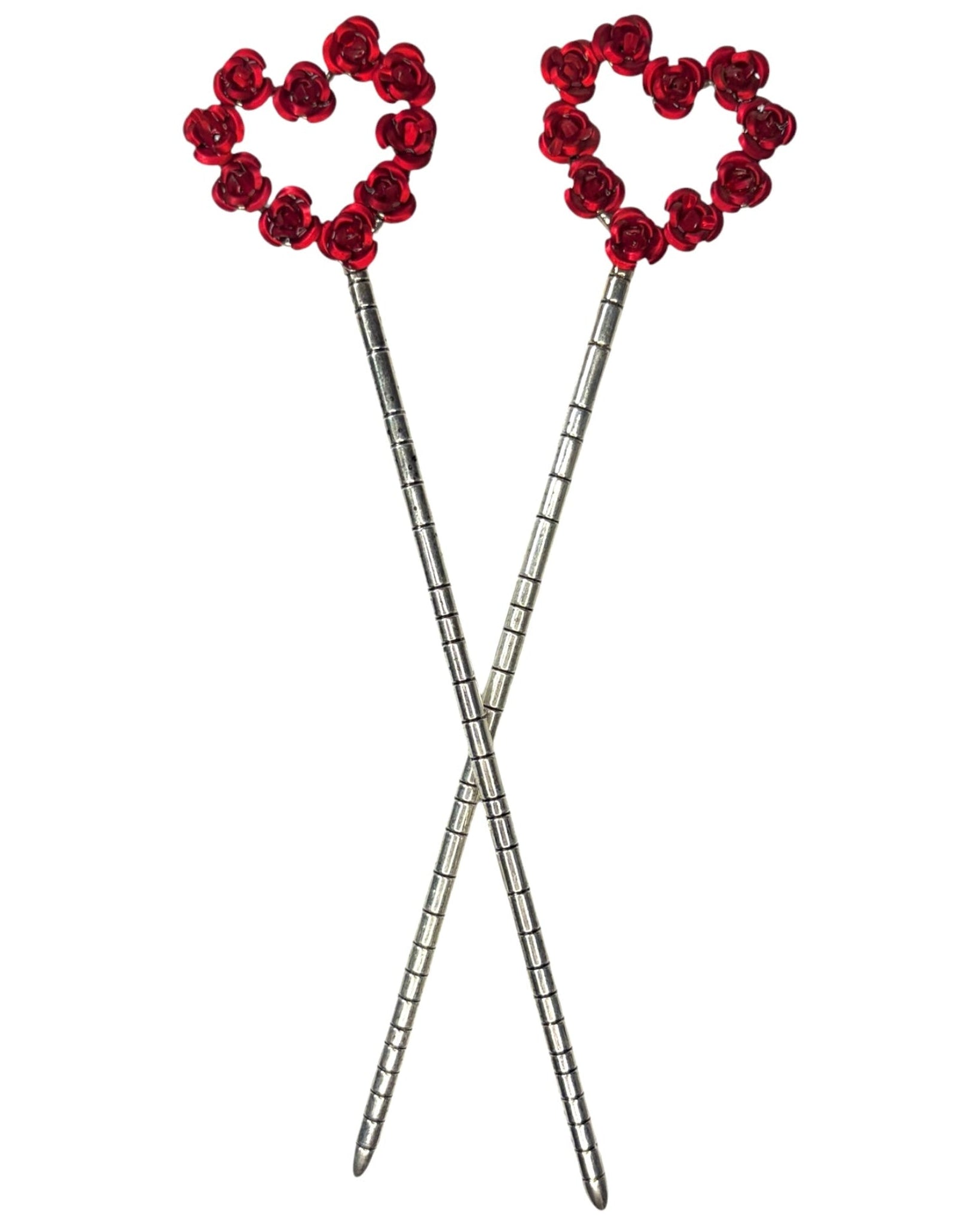 Silver-tone Heart & Flowers Hair Sticks with red rose heart design, decorative metal hair pins for buns, updos, and elegant hairstyles, front view on white background.