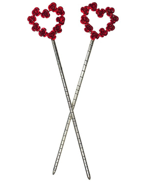 Silver-tone Heart & Flowers Hair Sticks with red rose heart design, decorative metal hair pins for buns, updos, and elegant hairstyles, front view on white background.