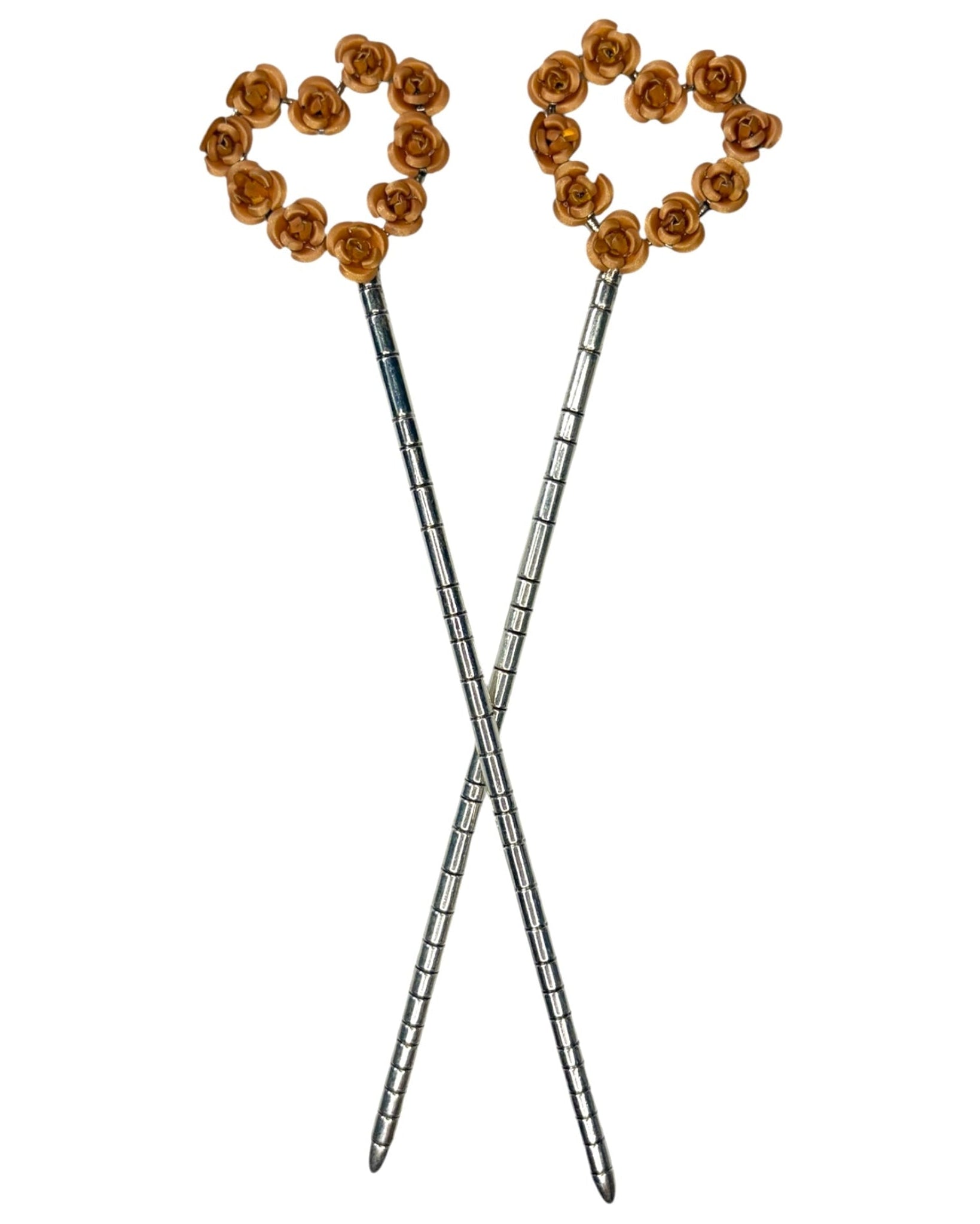Silver-tone Heart & Flowers Hair Sticks with amber rose heart design, decorative metal hair pins for buns, updos, and elegant hairstyles, front view on white background.