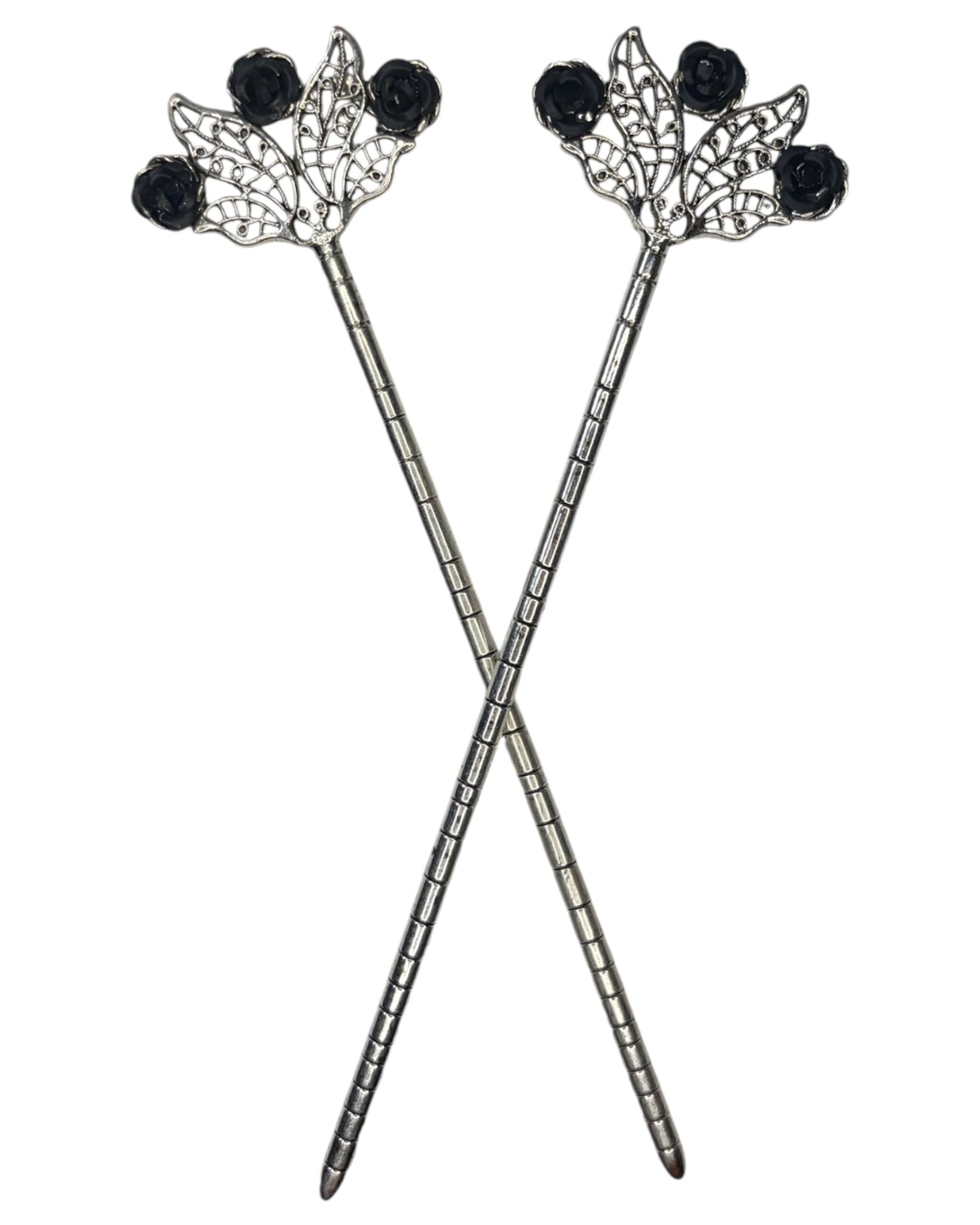Floral Fan Hair Sticks – Silver floral filigree hair sticks with black rose accents, front product view on white background.
