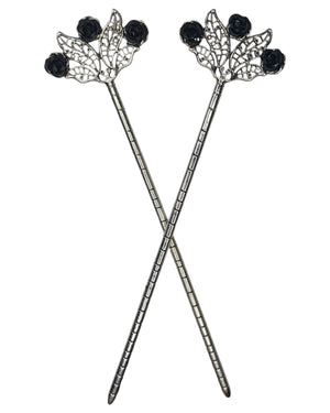 Floral Fan Hair Sticks – Silver floral filigree hair sticks with black rose accents, front product view on white background.