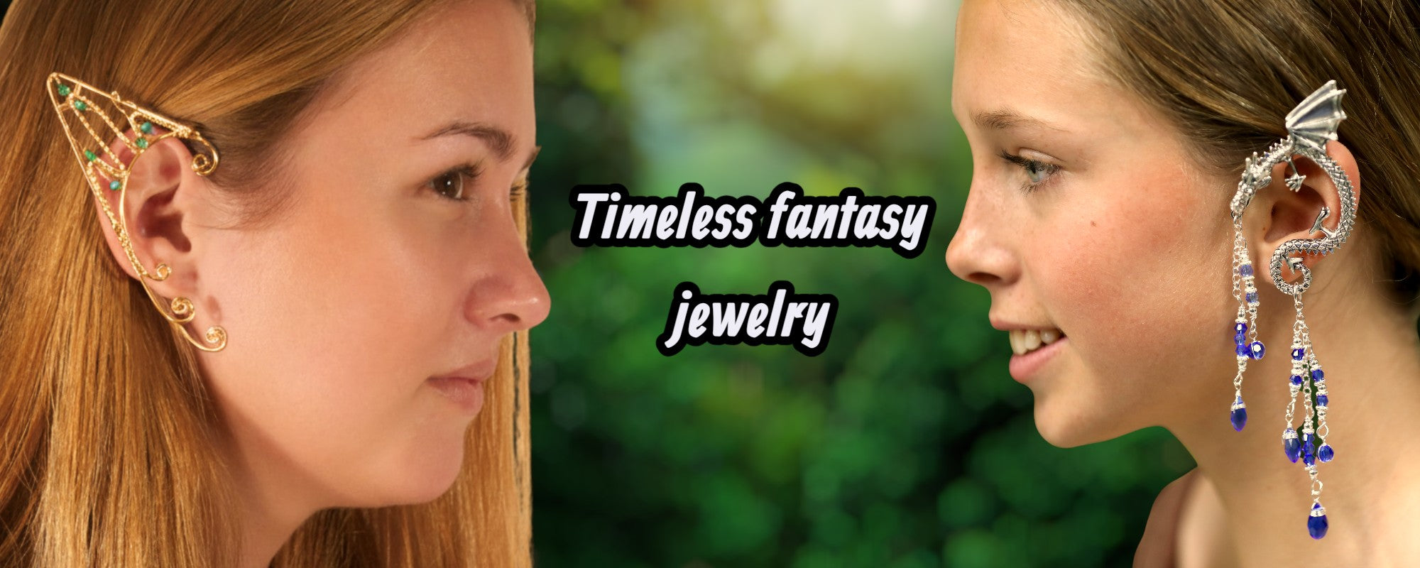 Models wearing silver and gold elf ear cuffs fantasy jewelry