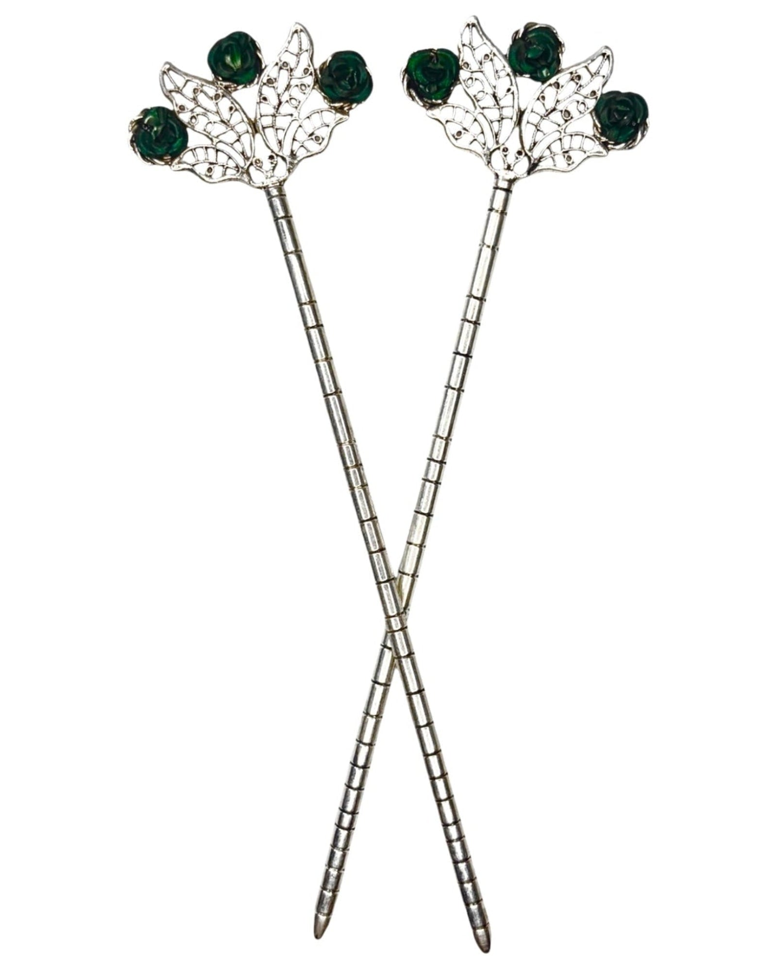 Floral Fan Hair Sticks – Silver floral filigree hair sticks with green rose accents, front product view on white background.
