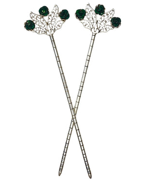 Floral Fan Hair Sticks – Silver floral filigree hair sticks with green rose accents, front product view on white background.