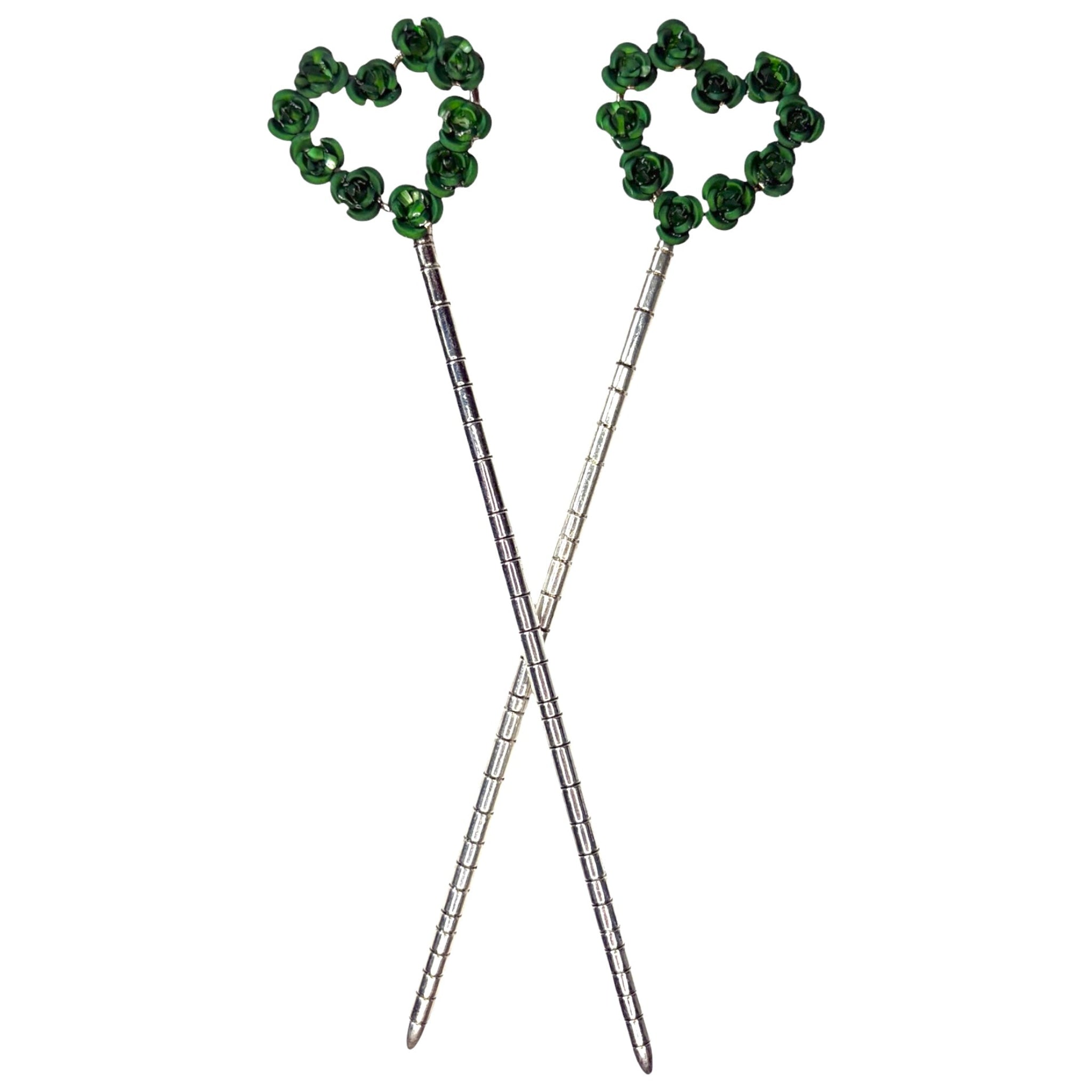 Silver-tone Heart & Flowers Hair Sticks with green rose heart design, decorative metal hair pins for buns, updos, and elegant hairstyles, front view on white background.