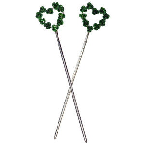 Silver-tone Heart & Flowers Hair Sticks with green rose heart design, decorative metal hair pins for buns, updos, and elegant hairstyles, front view on white background.
