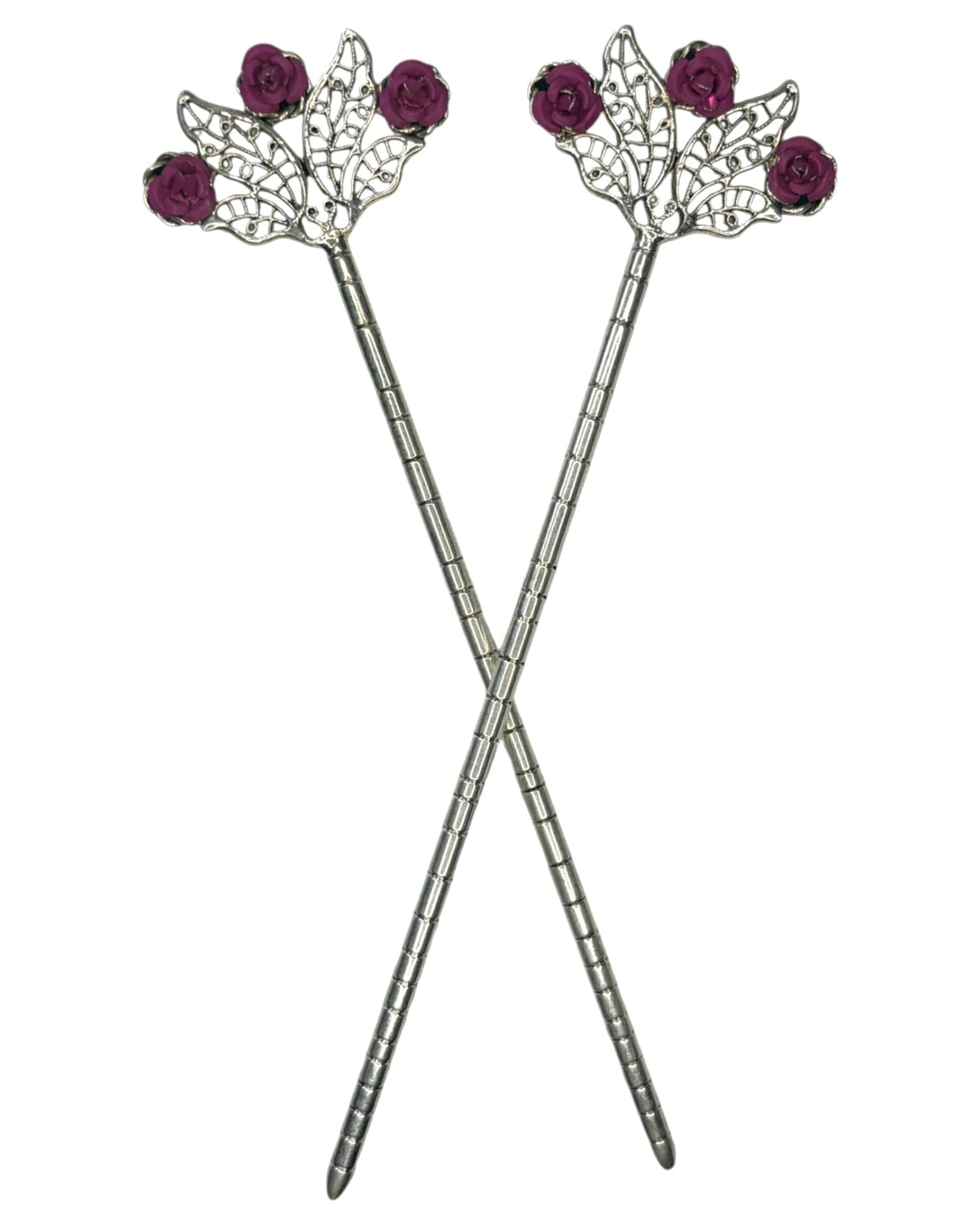 Floral Fan Hair Sticks – Silver floral filigree hair sticks with pink rose accents, front product view on white background.