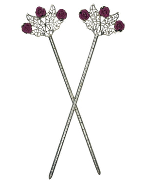 Floral Fan Hair Sticks – Silver floral filigree hair sticks with pink rose accents, front product view on white background.