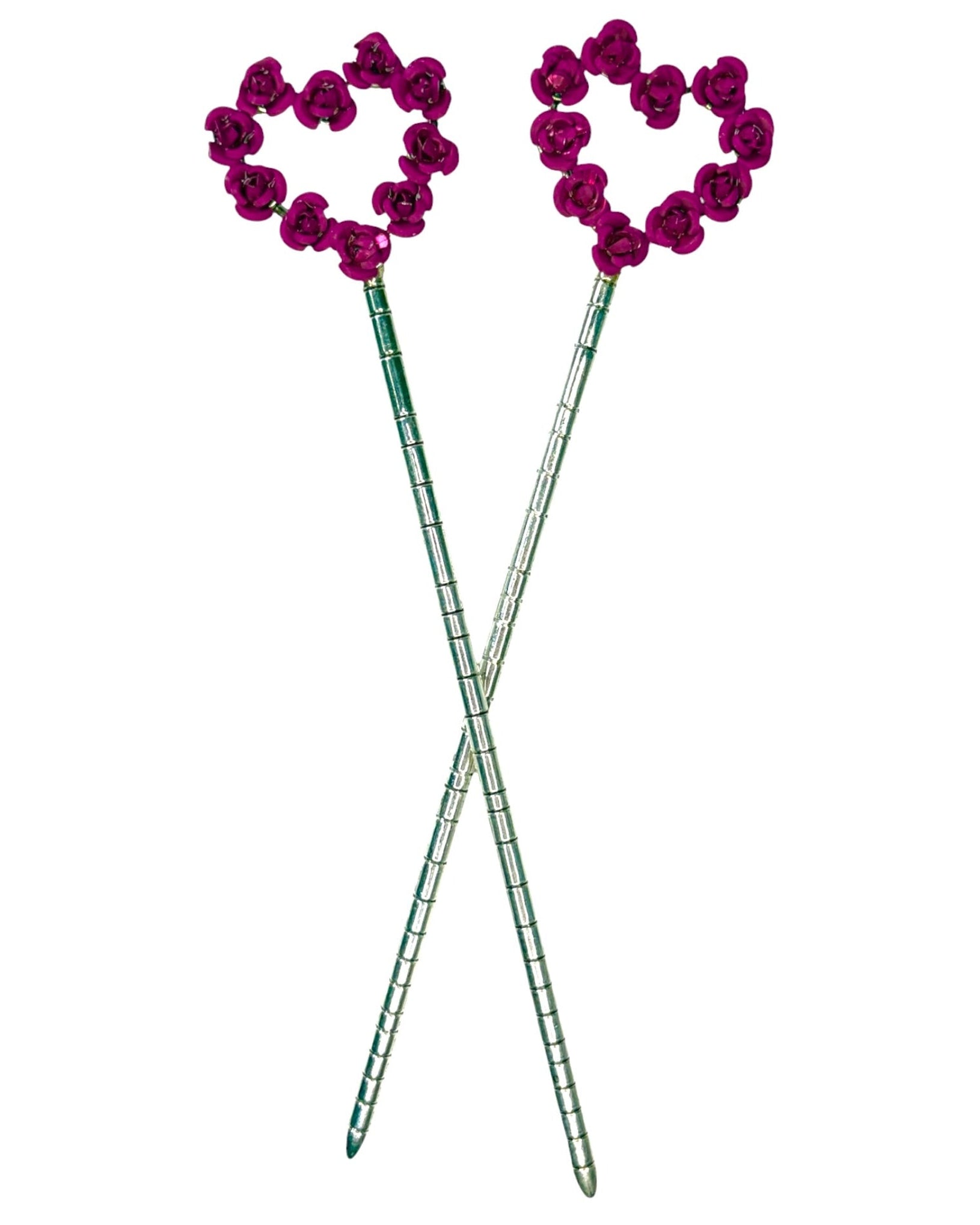 Silver-tone Heart & Flowers Hair Sticks with pink rose heart design, decorative metal hair pins for buns, updos, and elegant hairstyles, front view on white background.