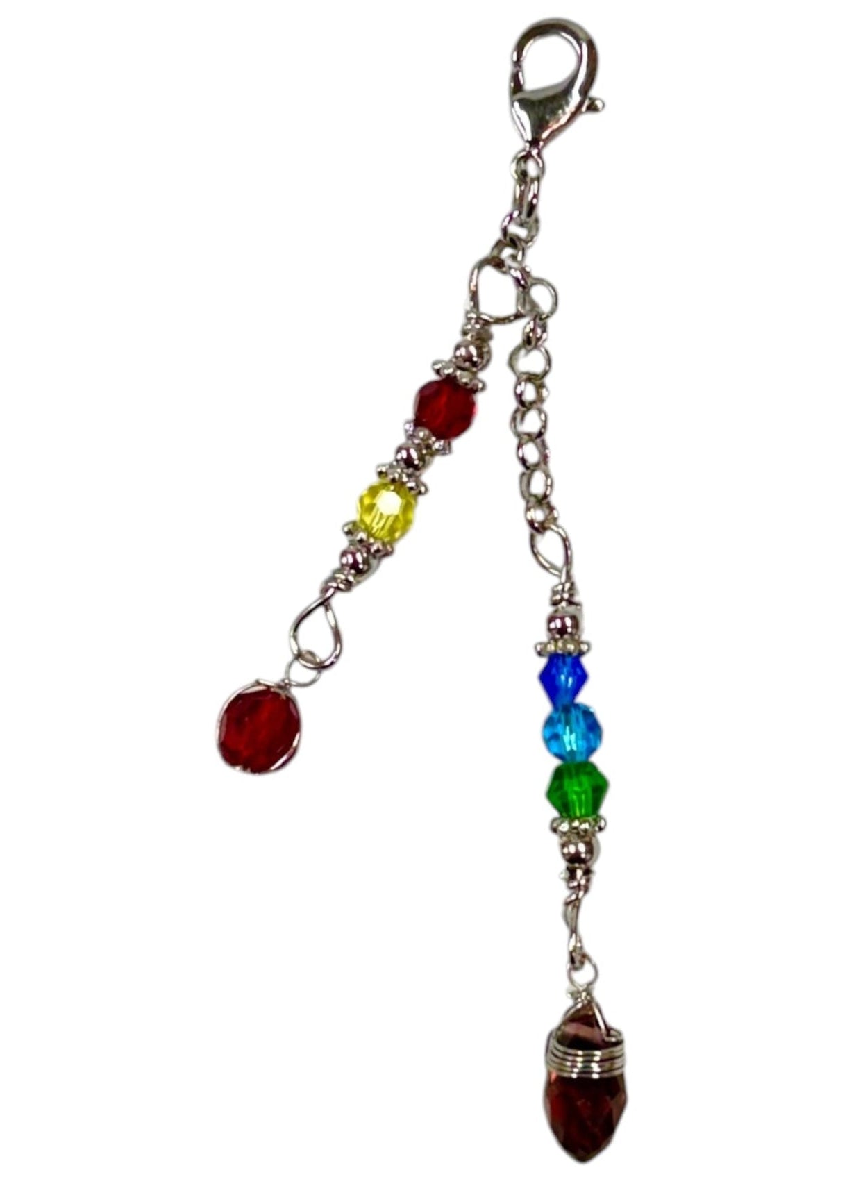 Silver charm with rainbow faceted crystal beads and dangling teardrop crystal accent for 6" Hair Twisters and hair accessories.