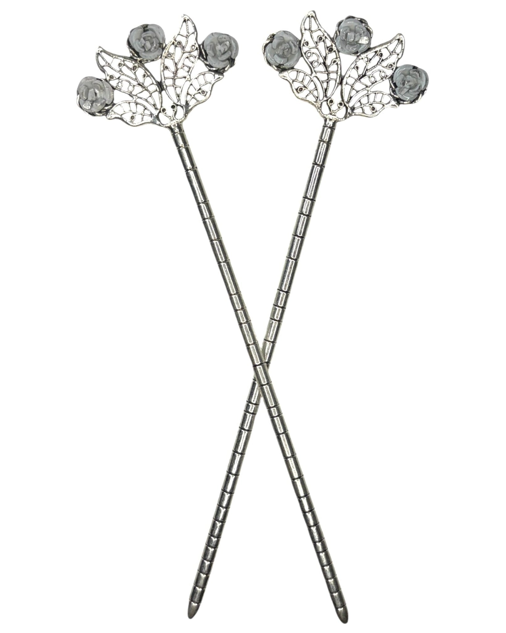 Floral Fan Hair Sticks – Silver floral filigree hair sticks with white rose accents, front product view on white background.