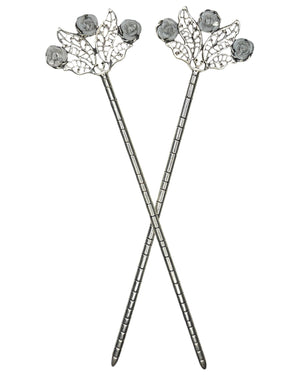 Floral Fan Hair Sticks – Silver floral filigree hair sticks with white rose accents, front product view on white background.