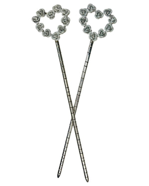 Silver-tone Heart & Flowers Hair Sticks with white rose heart design, decorative metal hair pins for buns, updos, and elegant hairstyles, front view on white background.