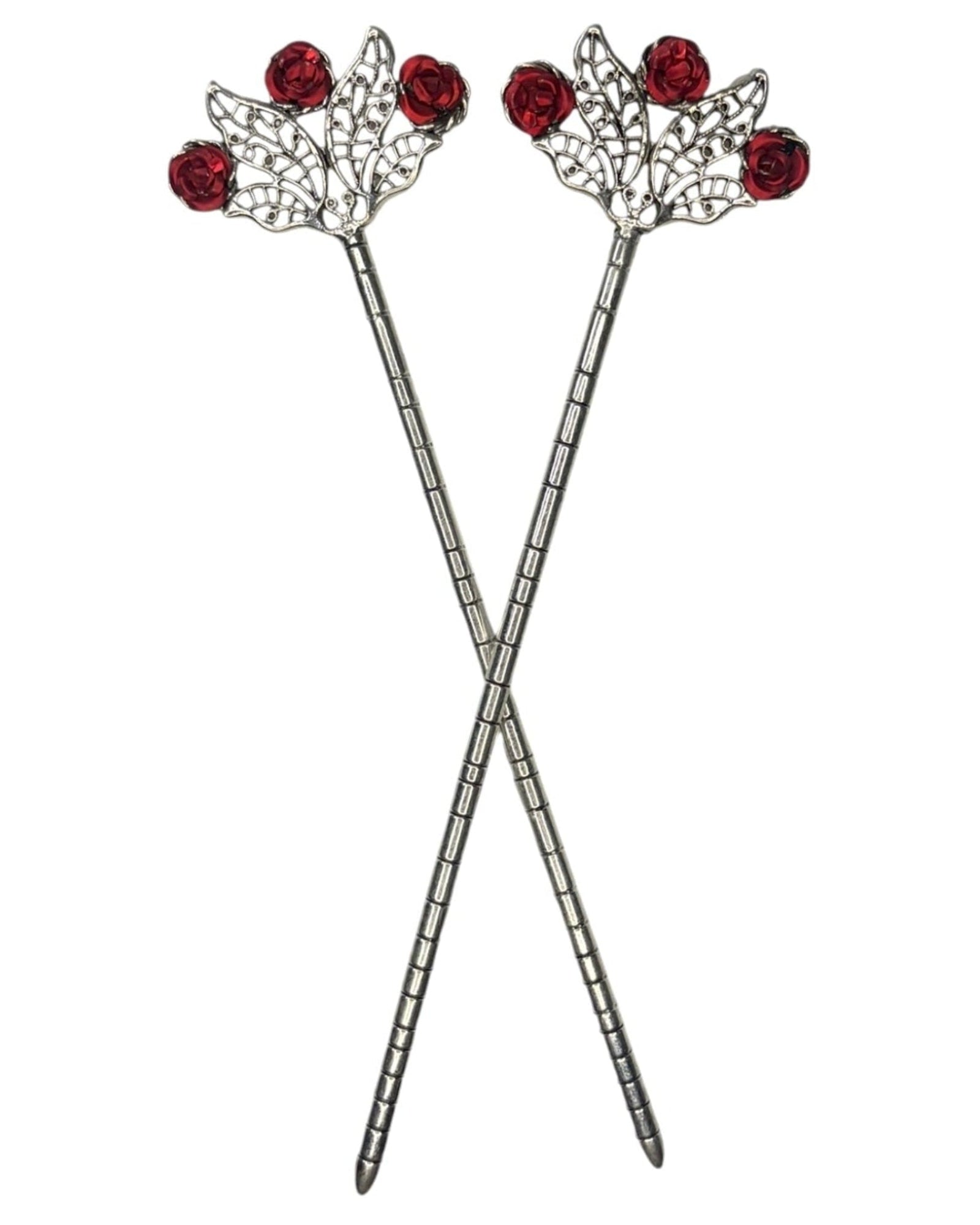 Floral Fan Hair Sticks – Silver floral filigree hair sticks with red rose accents, front product view on white background.