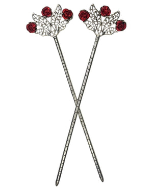 Floral Fan Hair Sticks – Silver floral filigree hair sticks with red rose accents, front product view on white background.