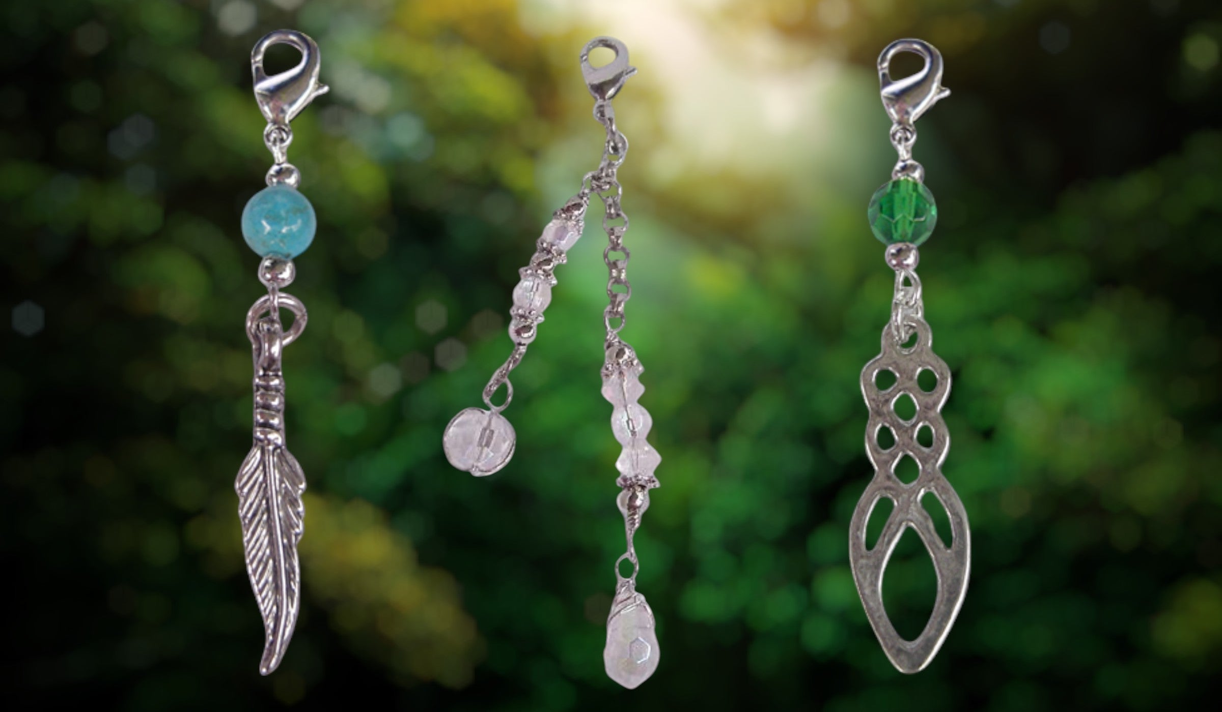 Small hair charms by Medieval Metal with silver wire wrap beads and crystal accents