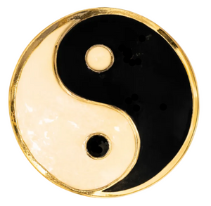 Gold yin yang hair hook ponytail holder, enamel front view close-up on white background.