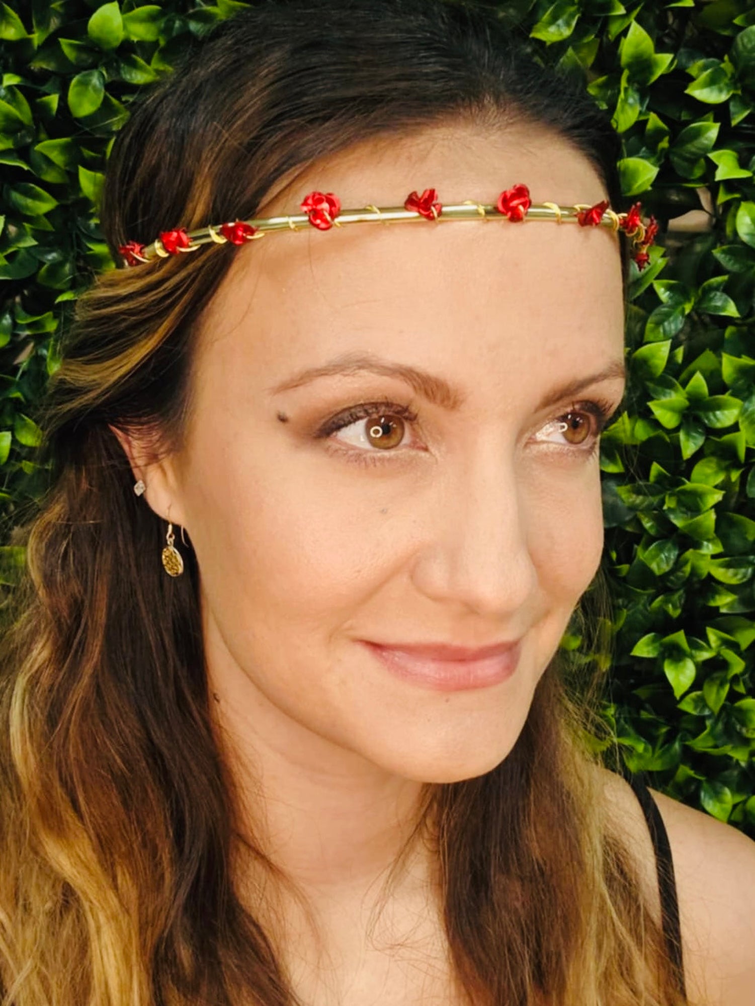 Model wearing Sweet Rose Crown - Gold Floral Headpiece for festivals or weddings