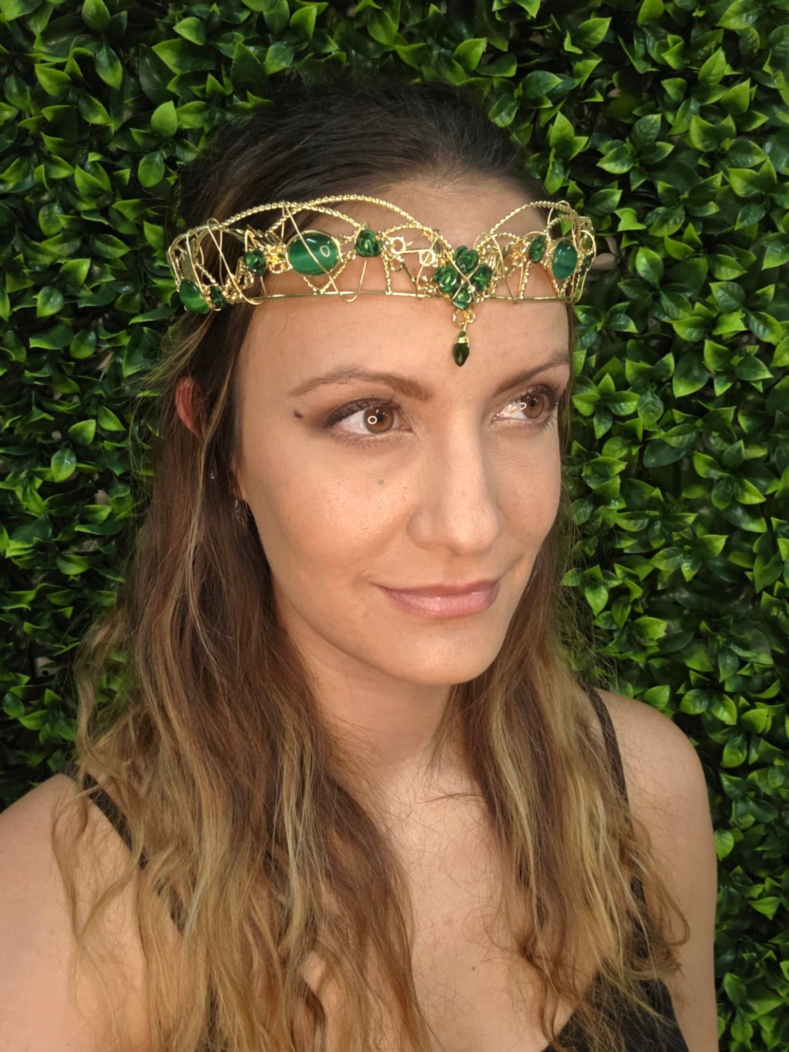 Model wearing Fairy Queen Crown - Gold Wire Headpiece with Gemstones & Florals