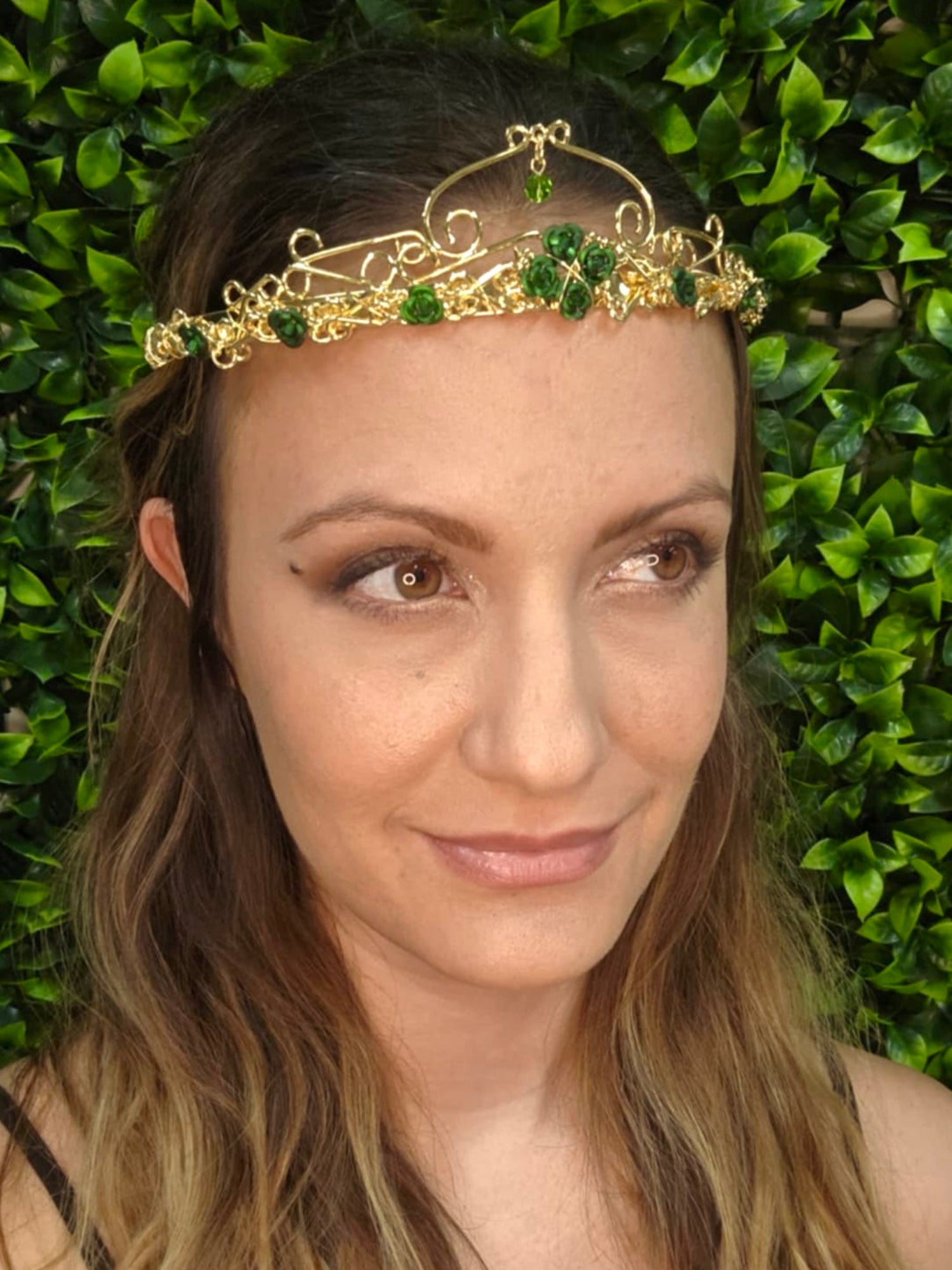 Model wearing Royal Rose Crown - Gold Floral Headpiece with Crystal Drop