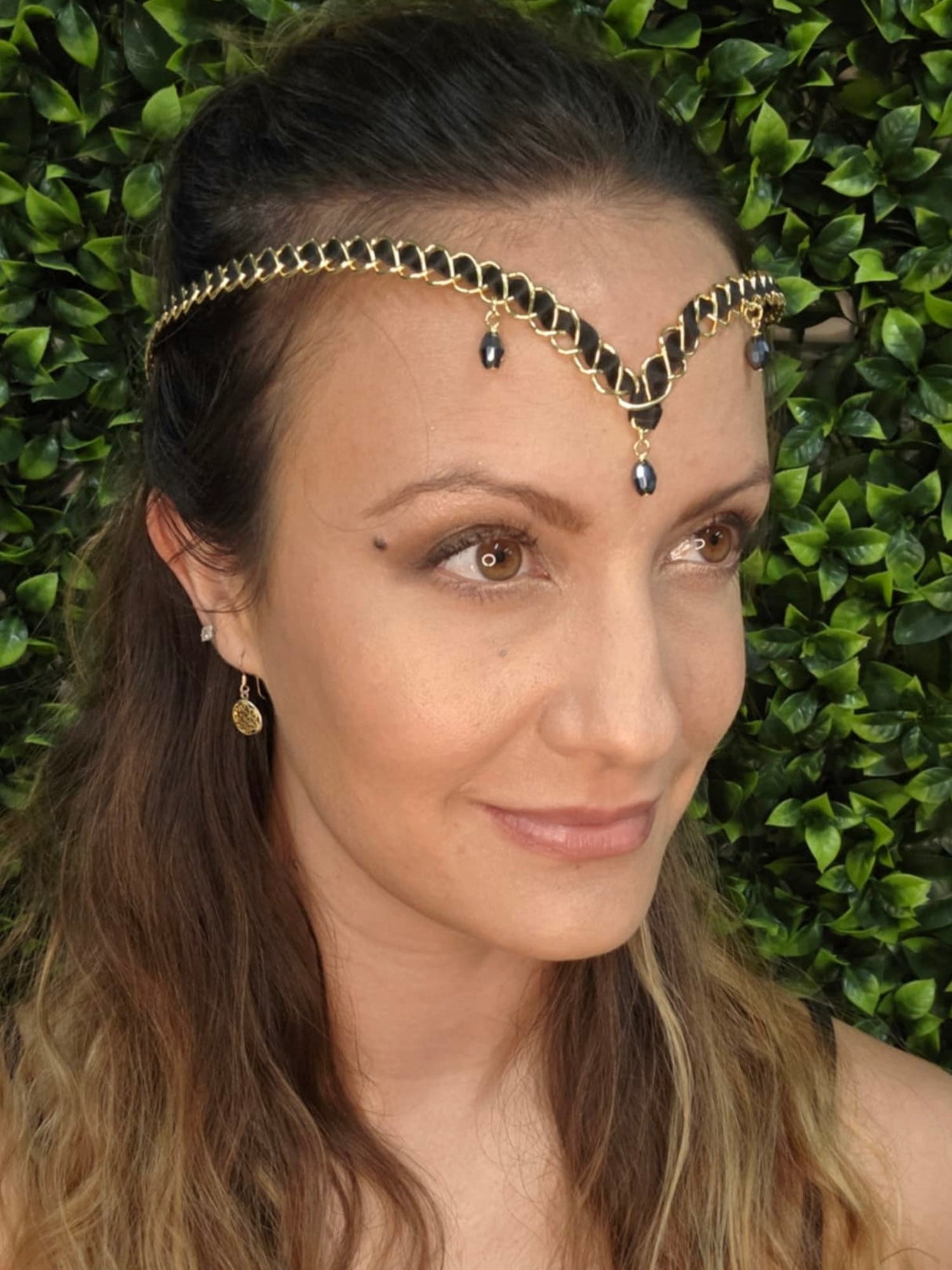 Gold braided wire forehead crown with crystal drop accents and center dangle