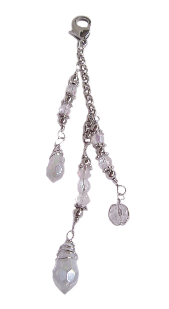 Silver crystal bead charm accessory with faceted clear beads and lobster clasp on white background for 12" Silver Ponytail wrap