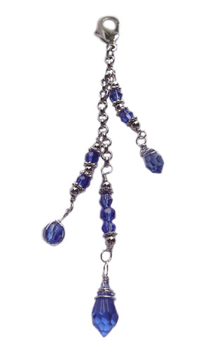 Silver crystal bead charm accessory with faceted blue beads and lobster clasp on white background for 12" Silver Ponytail wrap