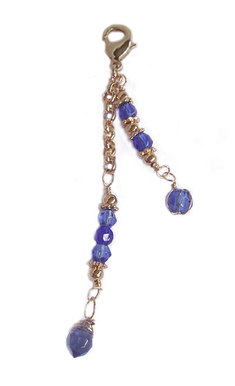 Gold bead charm with blue crystal beads for Hair Twisters and Spiral Hair Wraps, product view on white background.