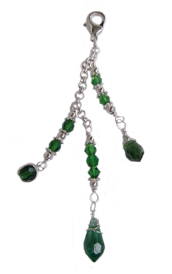 Silver crystal bead charm accessory with faceted green beads and lobster clasp on white background for 12" Silver Ponytail wrap