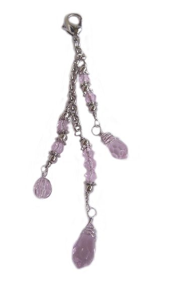 Silver crystal bead charm accessory with faceted pink beads and lobster clasp on white background for 12" Silver Ponytail wrap