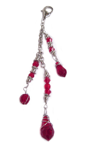 Silver crystal bead charm accessory with faceted red beads and lobster clasp on white background for 12" Silver Ponytail wrap