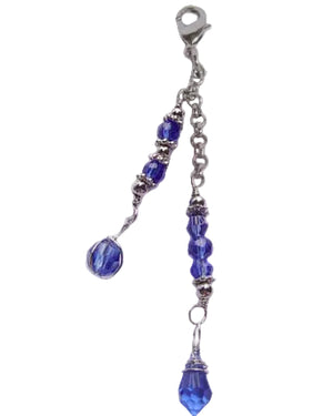 Silver charm with blue faceted crystal beads and dangling teardrop crystal accent for Hair Twisters and hair accessories.