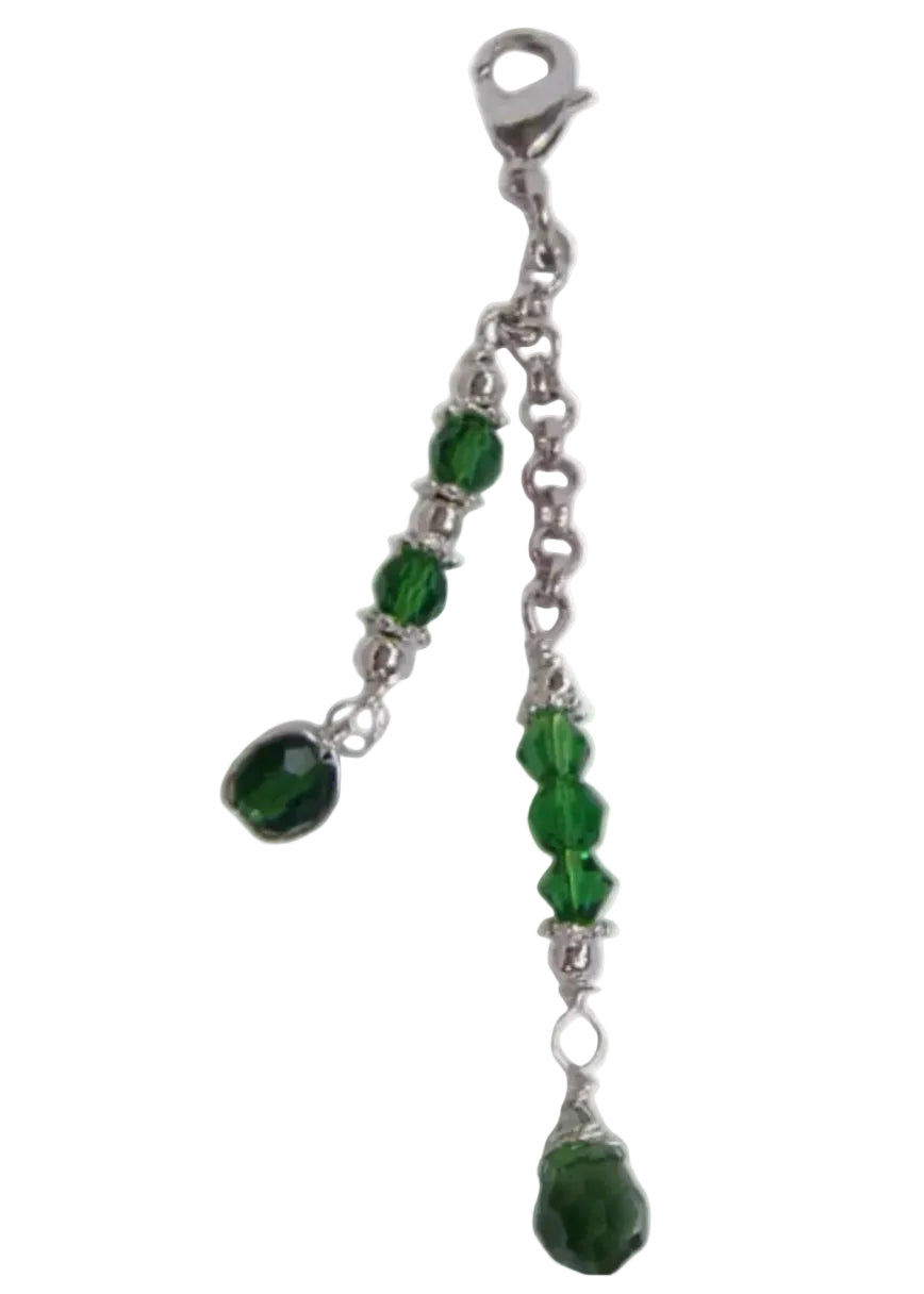 Silver charm with green faceted crystal beads and dangling teardrop crystal accent for Hair Twisters and hair accessories.