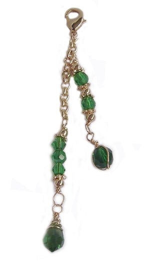 Gold bead charm with green crystal beads for Hair Twisters and Spiral Hair Wraps, product view on white background.