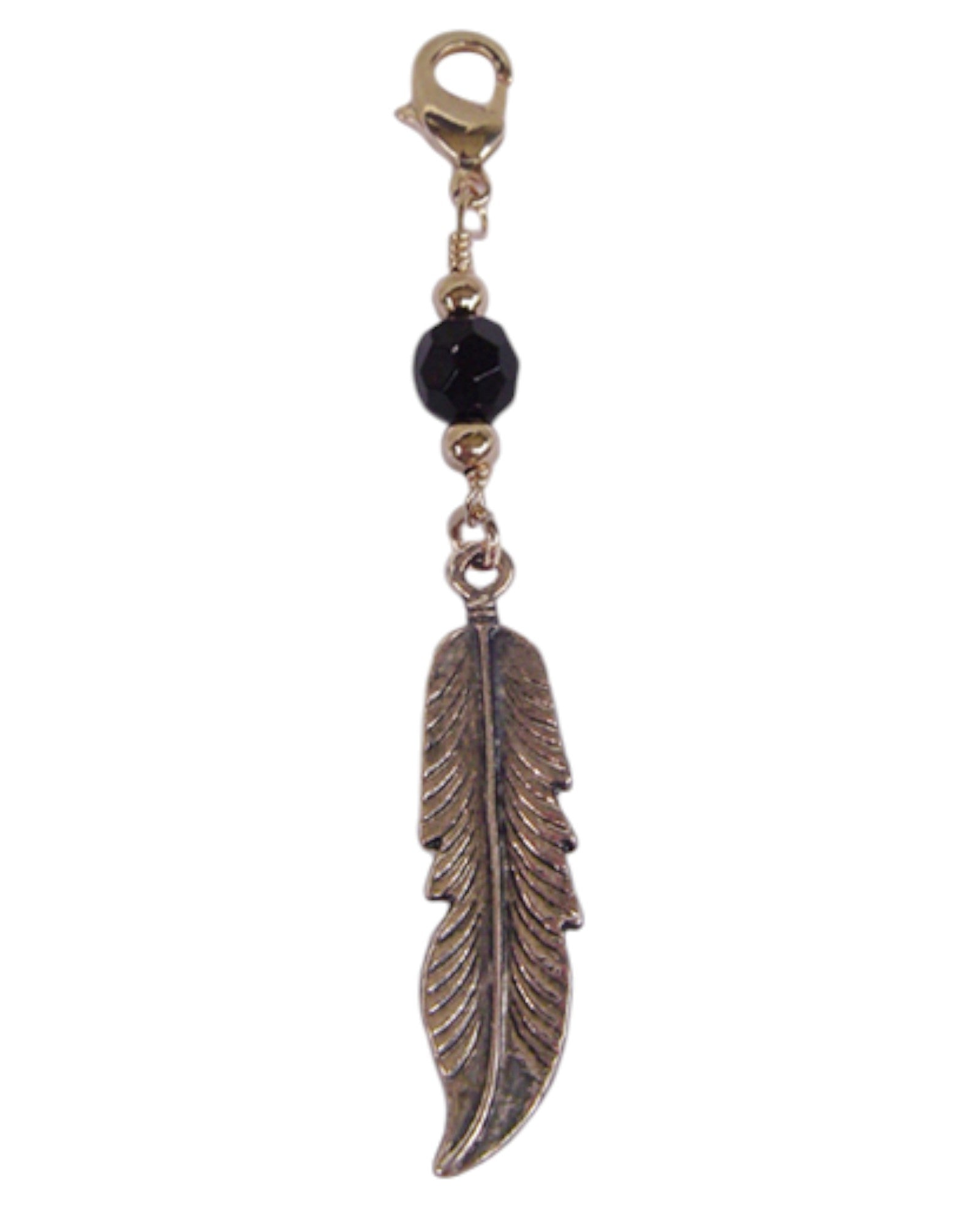Gold feather hair charm with black bead for ponytail wraps