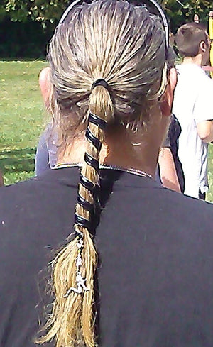 Festival biker look with Black Leather Ponytail Wrap – 6" Adjustable